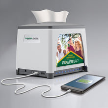 Load image into Gallery viewer, White PowerNap dispenser with built in charger with phone plugged in and charging